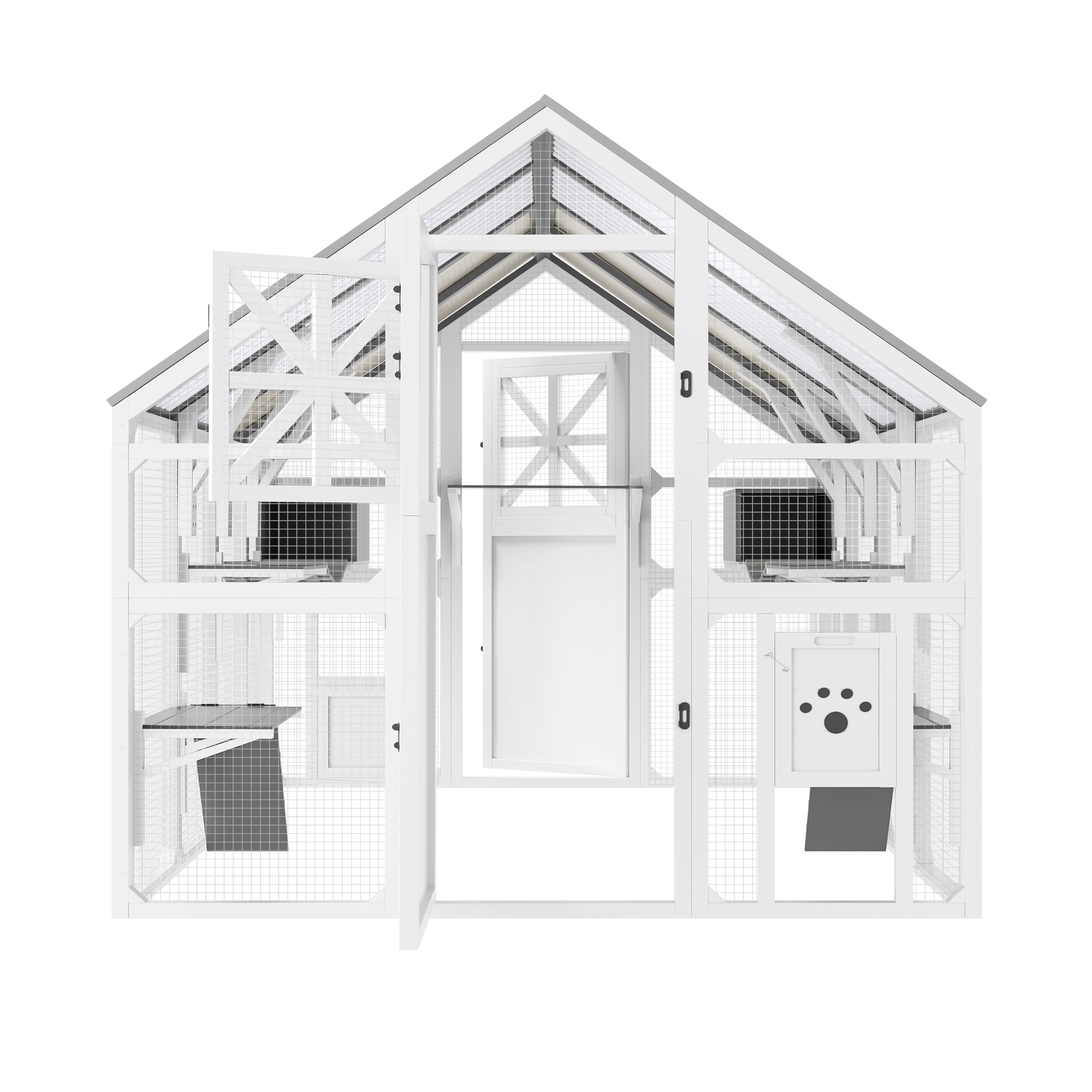 YIORTWO XL Outdoor Catio with Cooling PVC Roof, Insulated Wooden Cat Enclosure for Multiple Cats, Walk-in Cat House with 8 Platforms, Bridges & Waterproof Cover, White