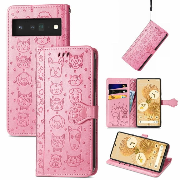 Allytechgroup Flip Wallet Case [Cat & Dog Cute Embossed Pattern] for Google Pixel 8 Pro with Card Slots Cash Holder, Magnetic Clasp Shockproof Kickstand Cover with Hand Strap, Pink