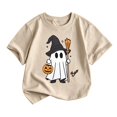thumbnail image 2 of FASHOFT Girls Halloween Shirt Crew Neck Cute Ghost Graphic Tees Halloween Shirts Kids Spooky Season Short Sleeve Tee Tops Beige 2-3 Years, 2 of 3