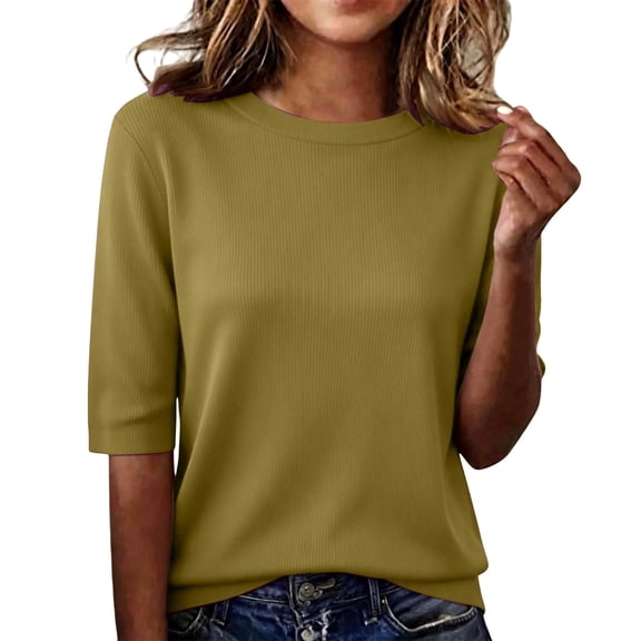 Lmnyox Summer T Shirt for Women Solid Color Half Sleeve Round Neck Tee Shirt Trendy Loose Ribbed Knit Basic Tops