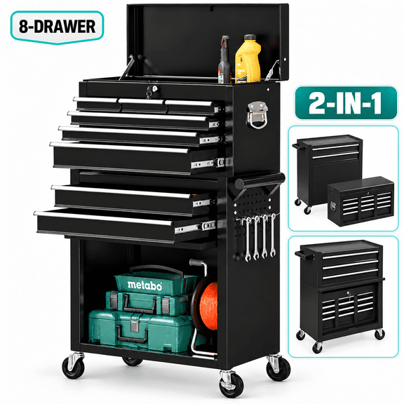 Seizeen 8-Drawer Rolling Tool Chest, 2-in-1 Lockable Tool Box with Wheels, Removable Top Toolbox, Storage Cabinet with Ball-Bearing Slides for Garage Workshop, Black