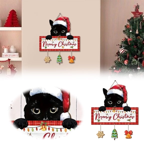 Merry Christams Door Decor, Black Cat Christmas Wood Signs, Cute Santa Claus Hat Kitty Gift Funny Cat Ornament for Xmas Tree Topper Snowflake Jingling Bell Hang for Wall Room Door