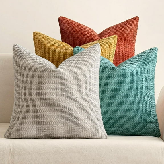 Set of 4 Decorative Luxurious Pillow Cover Farmhouse Pillowcase Cushion Cases for Couch Chenille Throw Pillow Covers Orange Teal 18*18 Inch