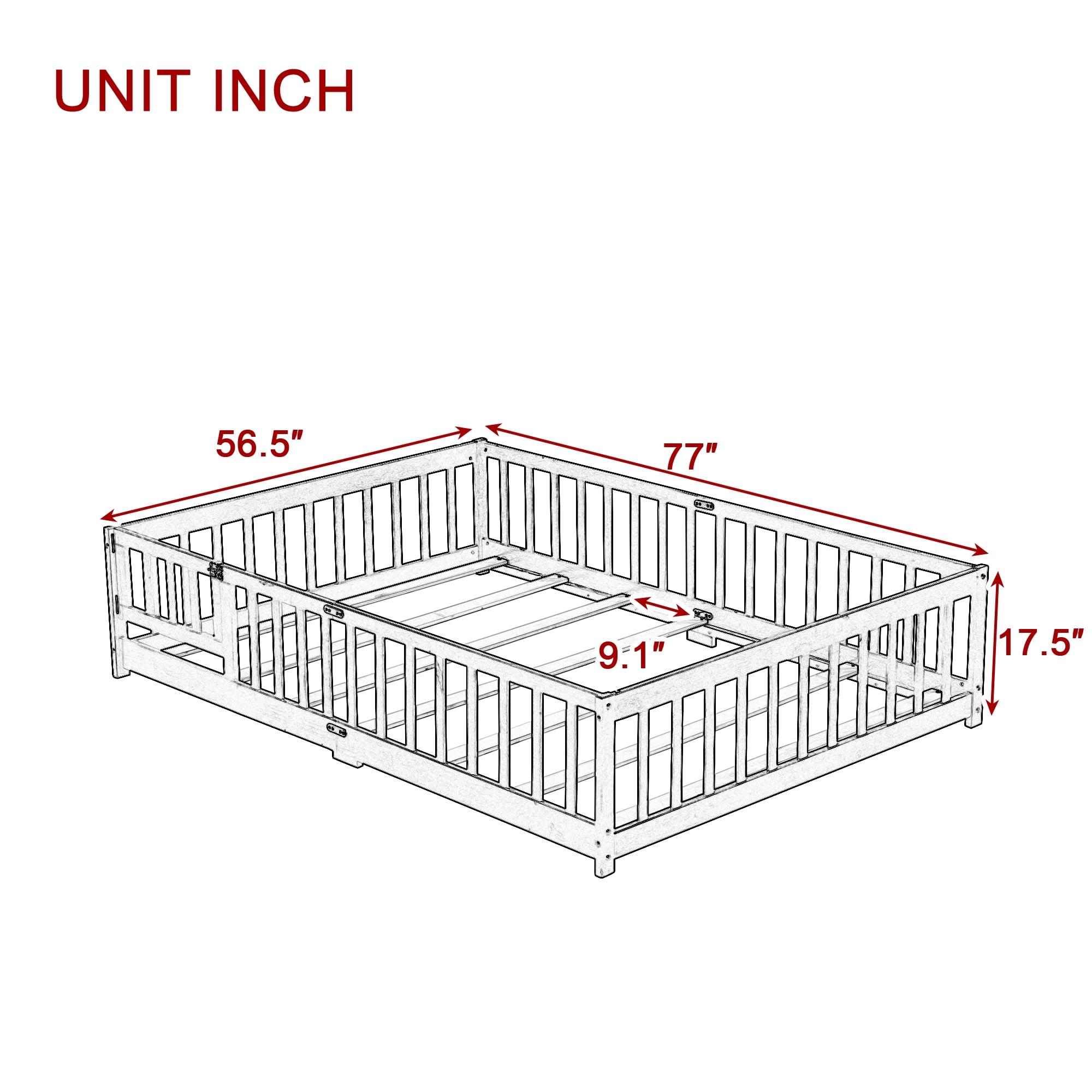 Miniyam Full Size Floor Bed with Guardrails and Door for Kids, Natural