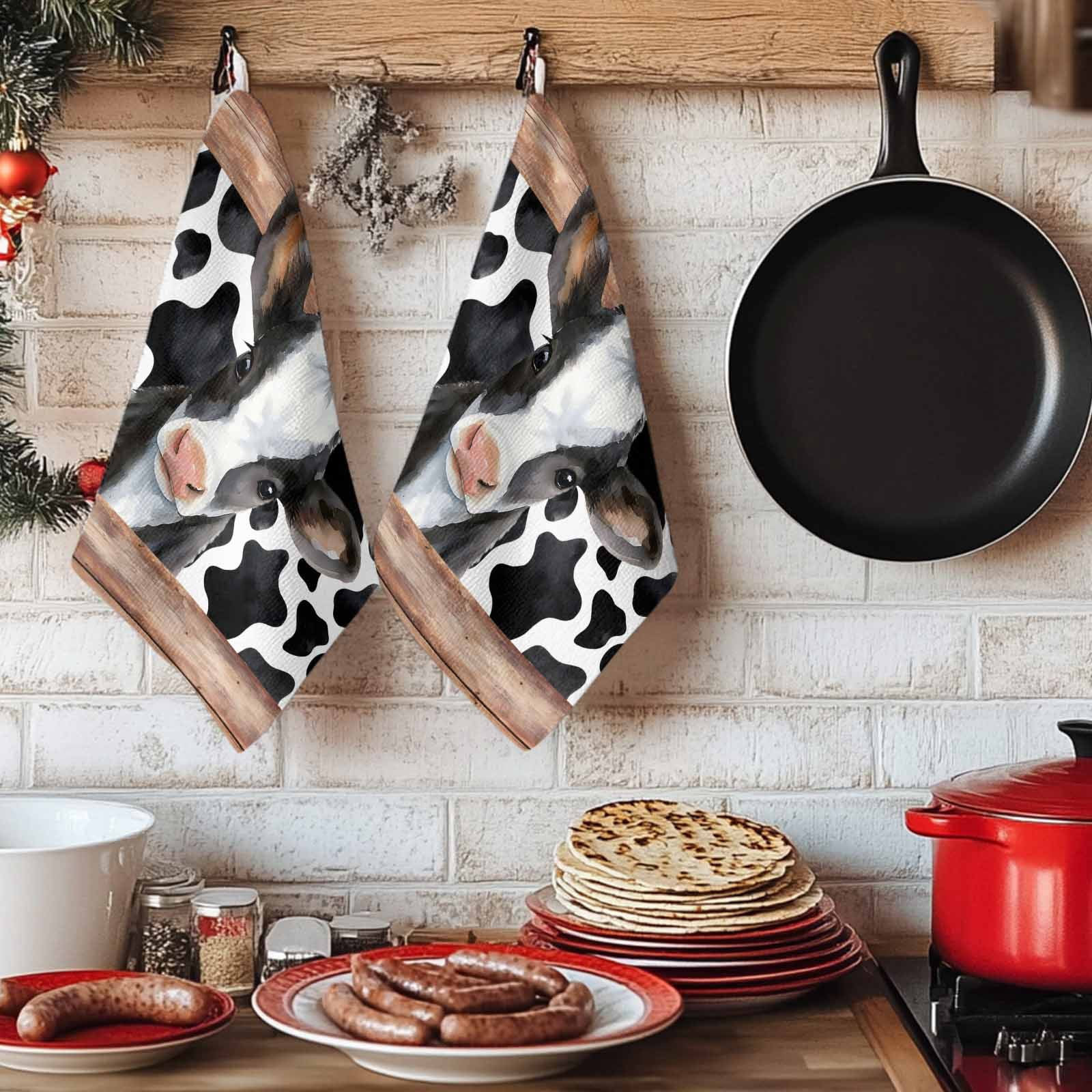 Cow Printed Kitchen Towels Set of 2, Farmhouse Watercolor Country Wooden Grain Absorbent Dish Towels for Kitchen, Microfiber Hand Towel, Quick Drying Tea Towel for Cleaning Decorative Dishcloths