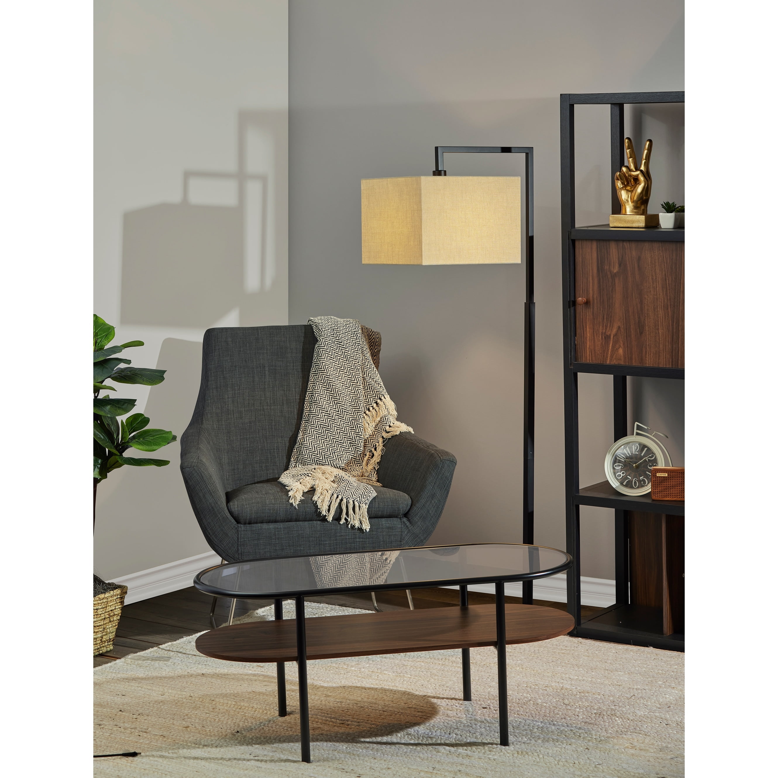 Adesso Richard Floor Lamp, Black, Beige Textured Fabric Shade