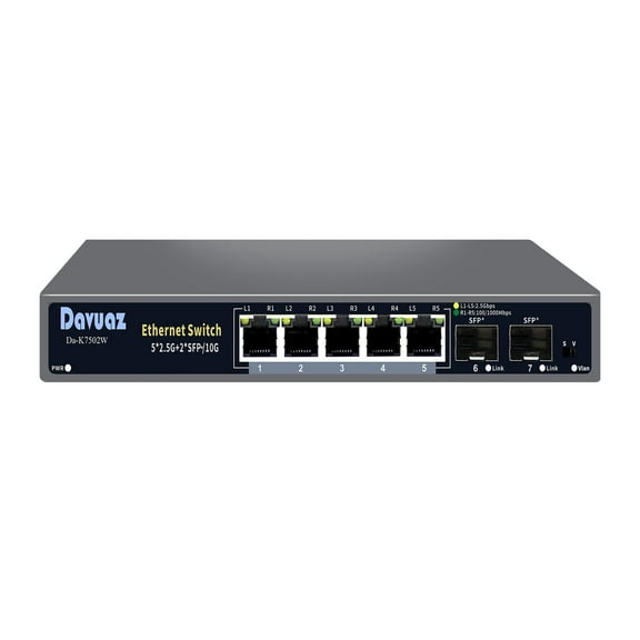 Davuaz 2.5G Unmanaged Ethernet Switch with 5 x 2.5G Base-T Ports and 2 x 10G SFP Uplink Port, Compatible with 100/1000/2500Mbps, Fanlesss Design, Plug & Play, Metal 2.5Gb Network Switch