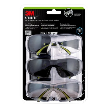 3M™ SecureFit™ 400 Eye Protection, Anti Fog, 3 Pack: Clear + Mirror + Gray