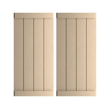 Ekena Millwork 22"W x 26"H Rustic Four Board Joined Board-n-Batten Pecky Cypress Faux Wood Shutters w/End Batten (Per Pair), Primed Tan