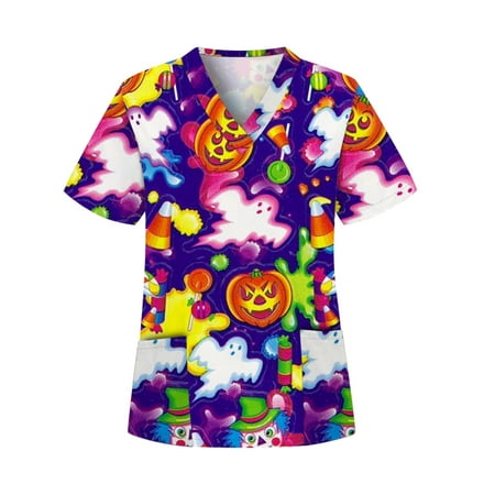 

CUE AIR Women Casual Tunic Shirts Halloween Cartoon Print Loose V Neck Scrub Tops Workwear Short Sleeve Pullover Top Shirts