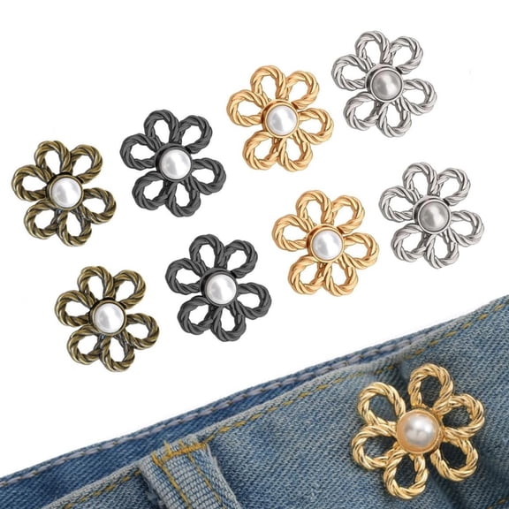 Topboutique Jeans Button 8 Sets Flower Waist Tightener Adjustable Waist Buckle Extender Set Detachable Pant Waist Tightener No Sewing Waistband Tightener for Loose Jeans, Pants, Skirts, 4 Colors