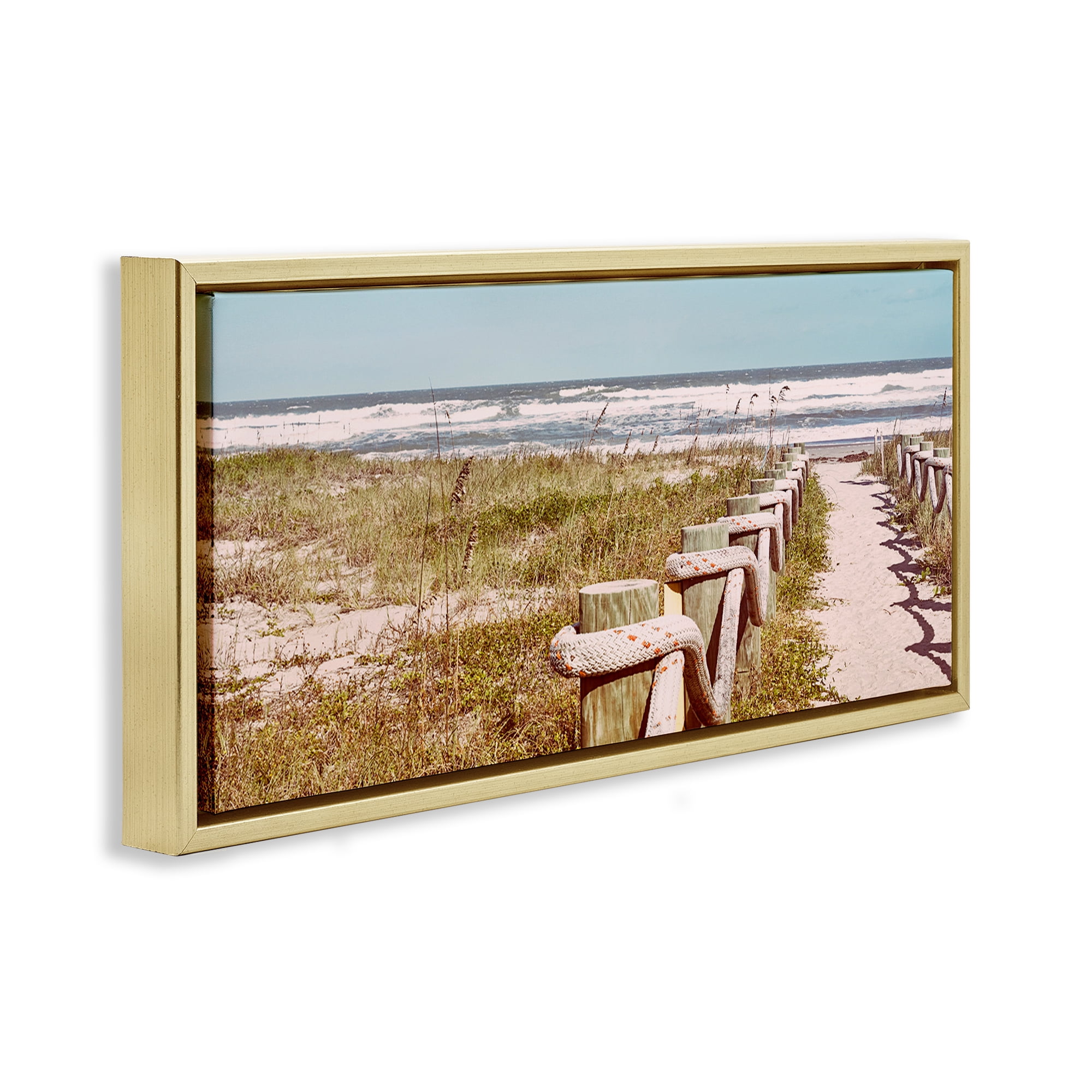 Stupell Industries Eastern Beach Walkway Landscape Photography Gold Floater Framed Canvas Art Print Wall Art, 31 x 14
