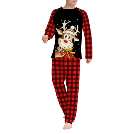 

Eyicmarn Family Matching Christmas Pajamas Cartoon Elk Print Long-Sleeved Tops + Elastic Waist Plaid Pattern Trousers