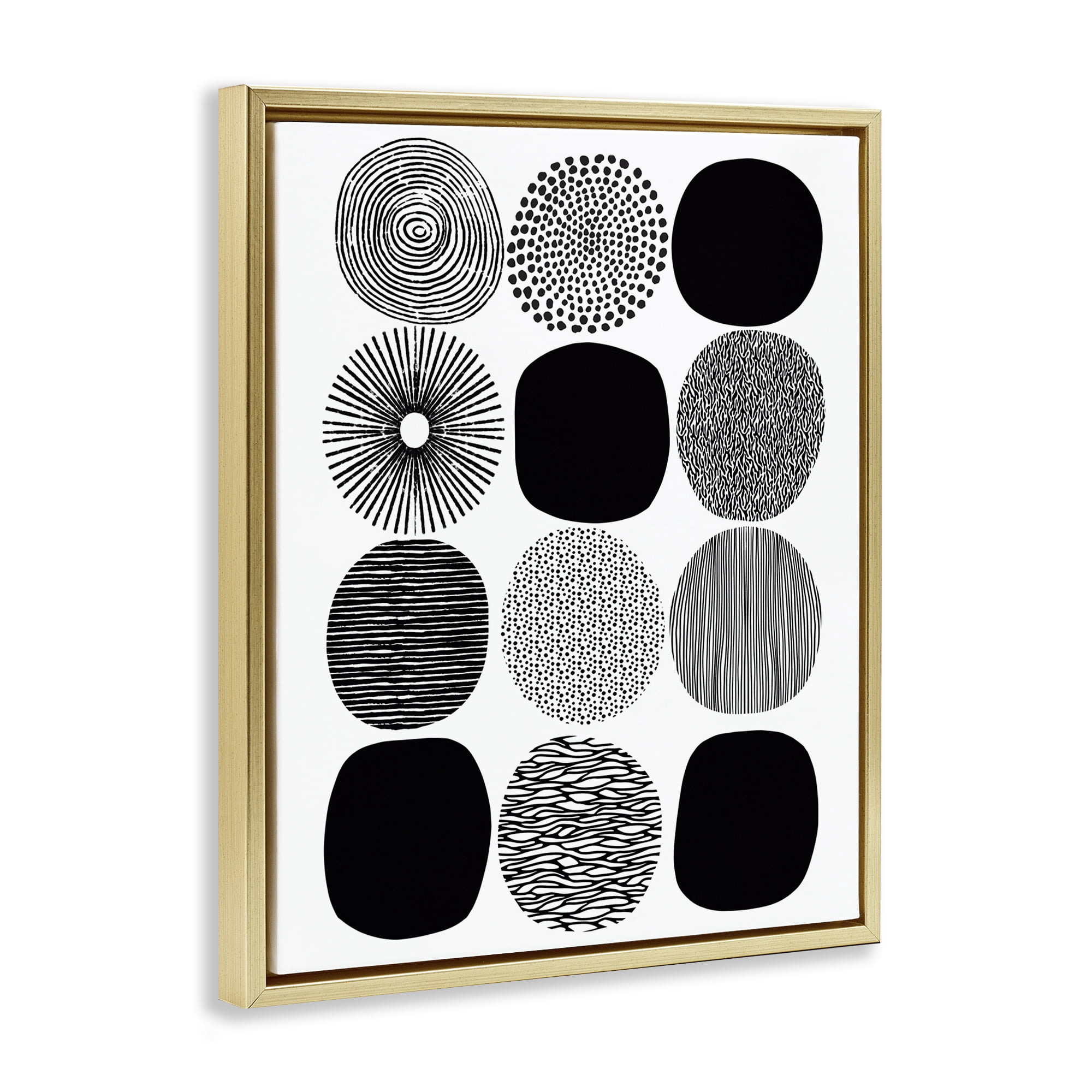 Stupell Industries Black & White Pattern Circles Abstract Painting Gold Floater Framed Canvas Art Print Wall Art, 17 x 21