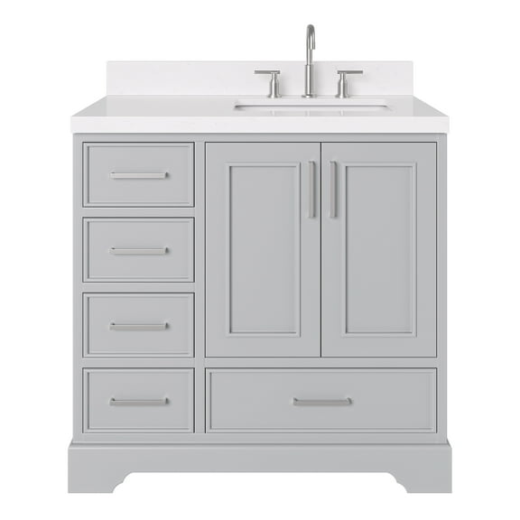 Ariel Stafford 36 Inch Single Right Offset Rectangle Sink Bathroom Vanity With Carrara White Quartz Countertop 1.5 Edge In Grey