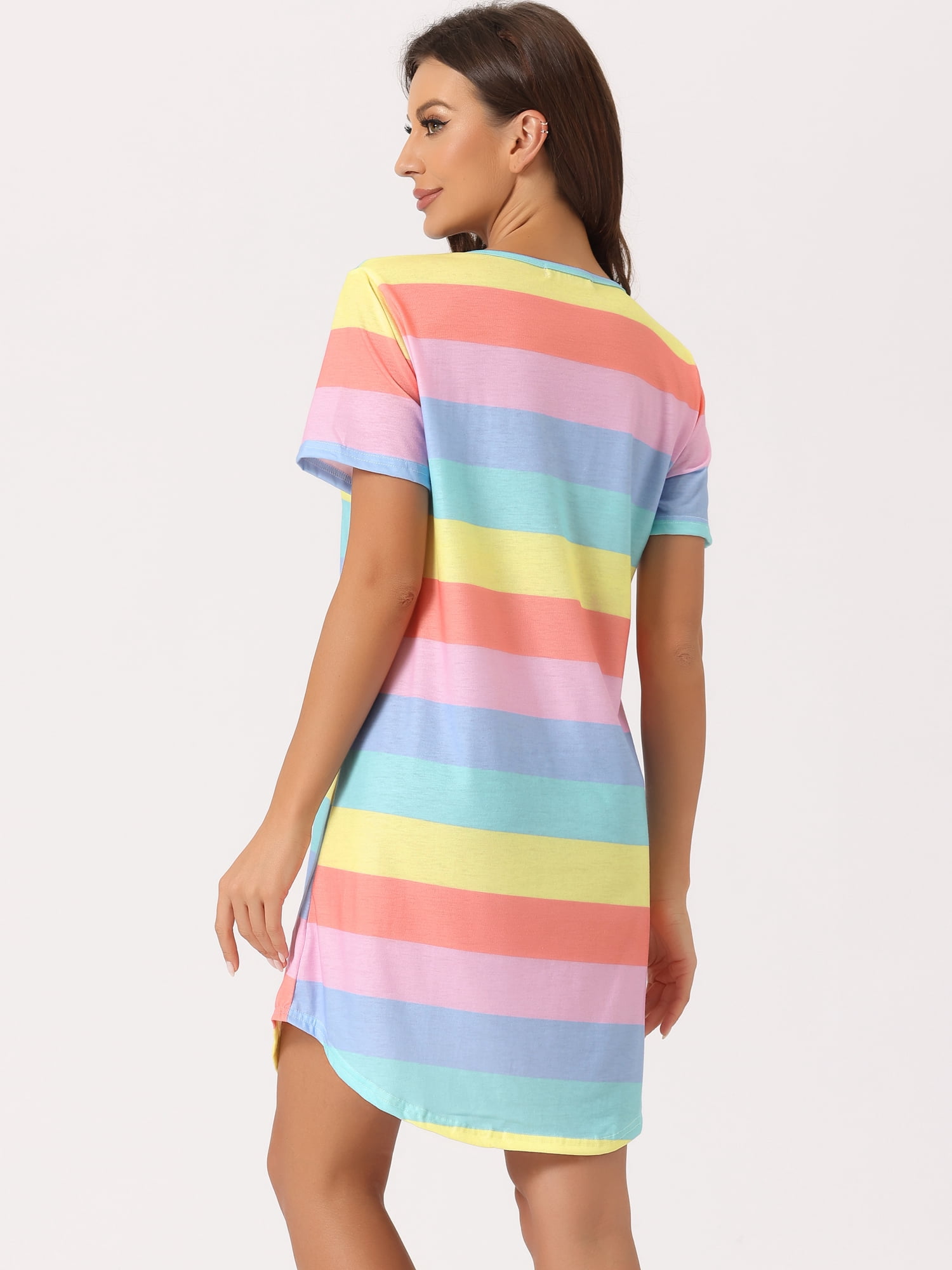 DARING DIVA Women's Colorful Striped Short Sleeve Nightgown M Light Color