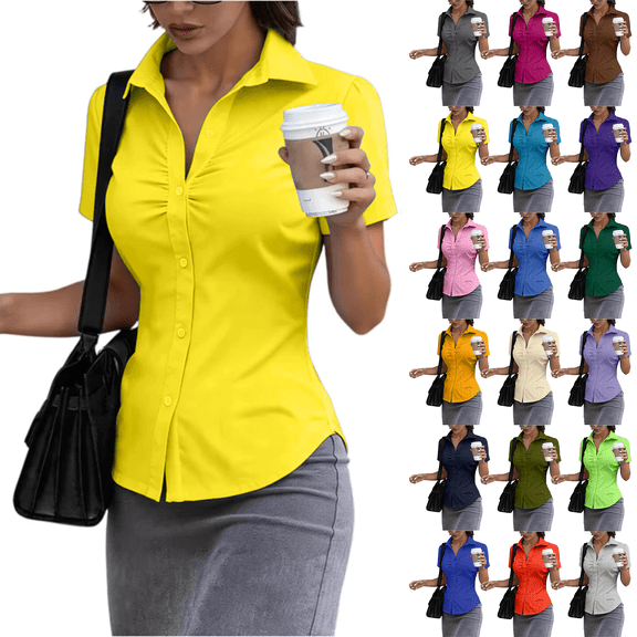 KDDYLITQ Shirts for Women Button Down Short Sleeve Pleated Office Tops Business Work Wear Dressy Collared Slim Fit Blouses Yellow S