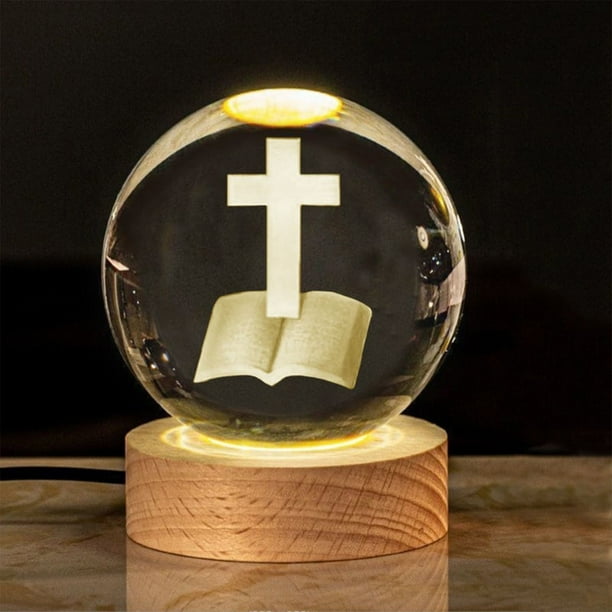 Lámpara de noche de cristal con grabado de la Sagrada Familia, estatua con soporte de madera, luz que cambia de color, colección religiosa de cristal, lámpara de noche católica.
