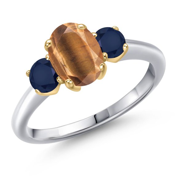 Gem Stone King 925 Silver and 10K Yellow Gold Brown Tiger Eye and Blue Sapphire Engagement Ring for Women | 1.95 Cttw | Oval 8X6MM | Gemstone Birthstone | Size 5