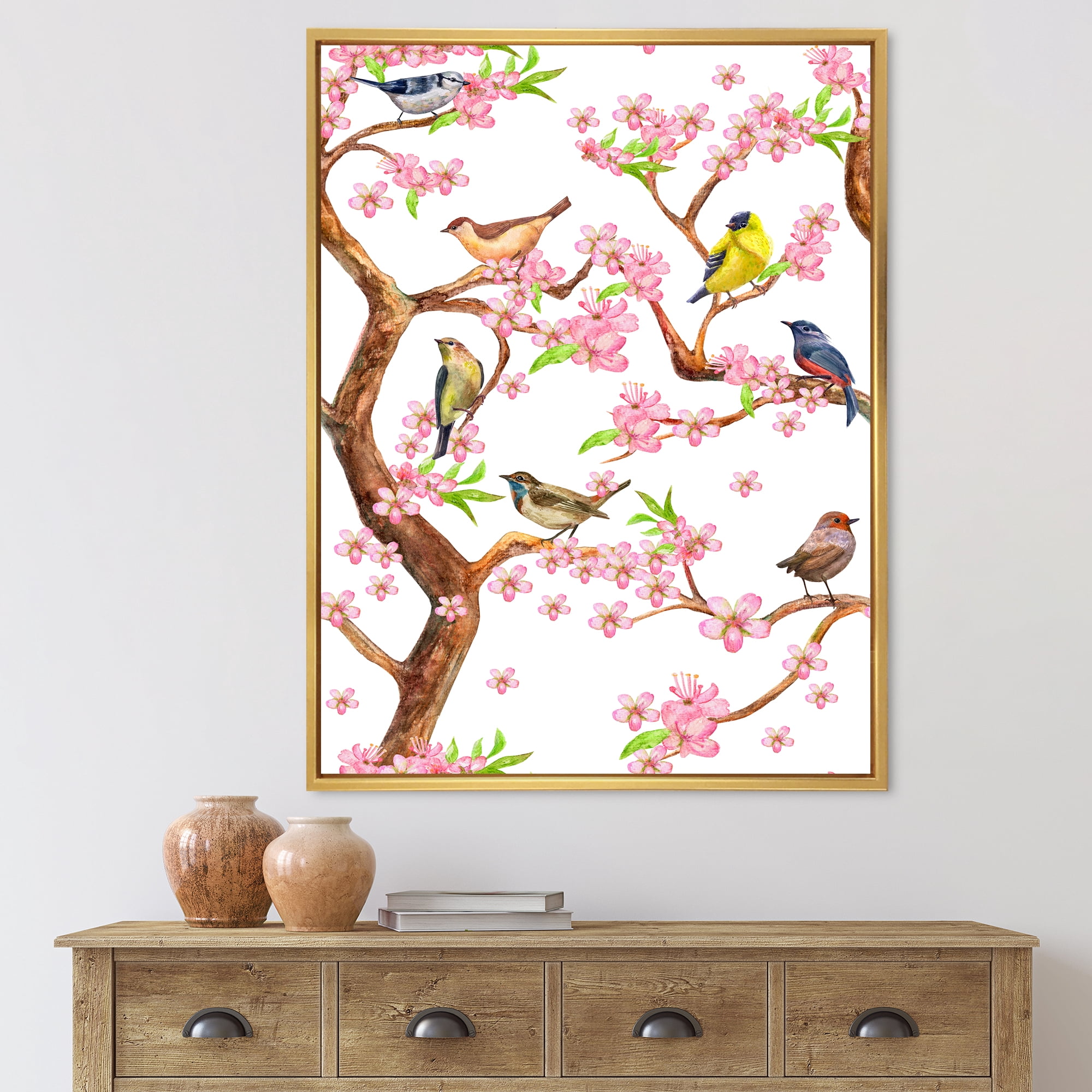Designart 'Colorful Little Birds On Spring Flowers Tree' Traditional Framed Canvas Wall Art Print