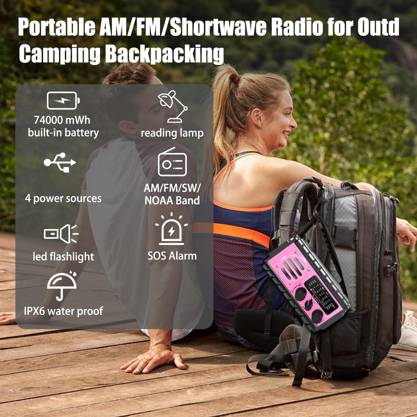 74000mwh Emergency Radio With Noaa Weather  Portable Hand Crank Sw/am/fm Fast Charge Rechargeable Solar Flashlight Reading Lamp Sos Sirenor Home Outdoor(pink)
