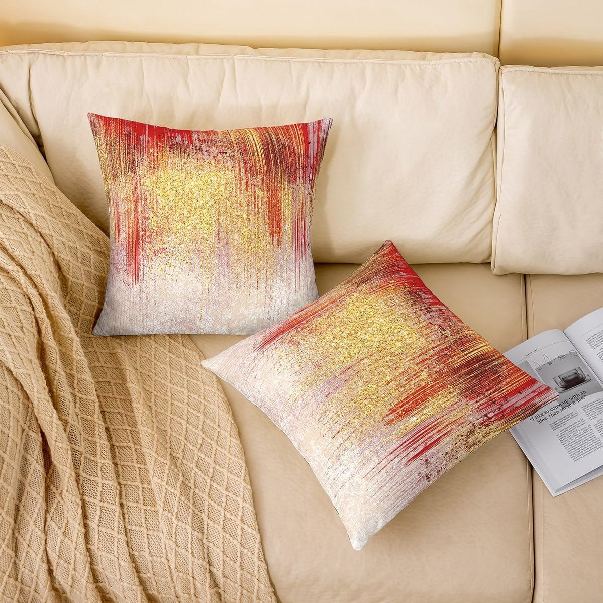 Red Golden Reversible Throw Pillow Covers 16 x 16-Inch Kids Stripes Pillow Covers Home Decor for Boys Geometric Abstract Art Square Cushion Covers Set of 4 Modern Art Geometry