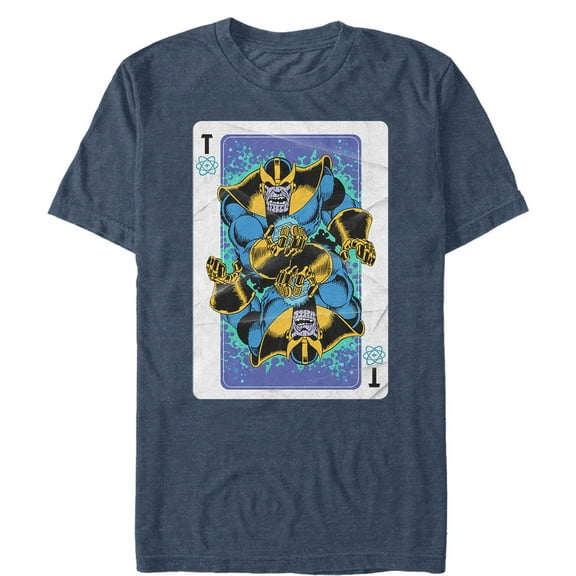 Men's Marvel Thanos Playing Card Graphic Tee Navy Blue Heather X Large