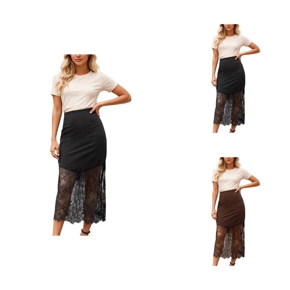 Lace Patchwork Long Skirts for Women Elastic High Waist Maxi Skirts Boho Bodycon Pencil Skirt