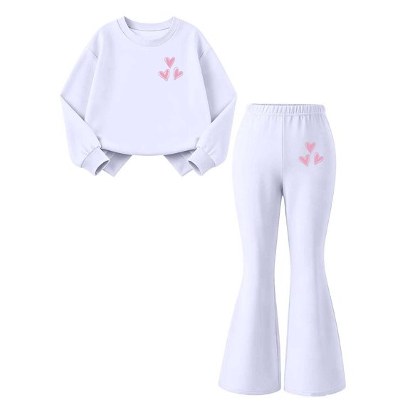 MXUIKV Girls'clothing Set Fleece Lined Tracksuit Sweatsuit Crewneck Tops with Flare Pants Fall Winter Outfits(14-15Years,White)