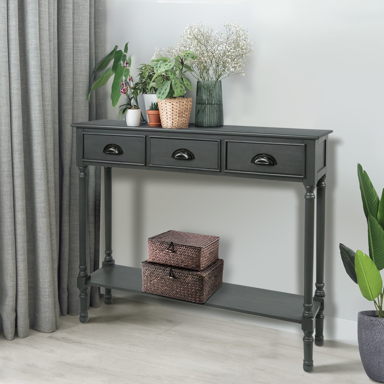 Urbanest Burlington Solid Wood Console Table with 3 Drawers & Lower Shelf – Entryway Table, Hallway Sofa Table, Narrow Accent Table for Living Room – 39.5″ × 9.5″ × 32″ – Gun Metal Farmhouse Decor