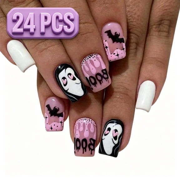 Gel Press On Nails Acrylic Nails Short Square Fake Nails False Nails Artificial Nails Wearable Stick On Nail Tips, Cute Ghost Bat Drip Pink Spooky Halloween Reusable DIY Nails for Women 24PCS