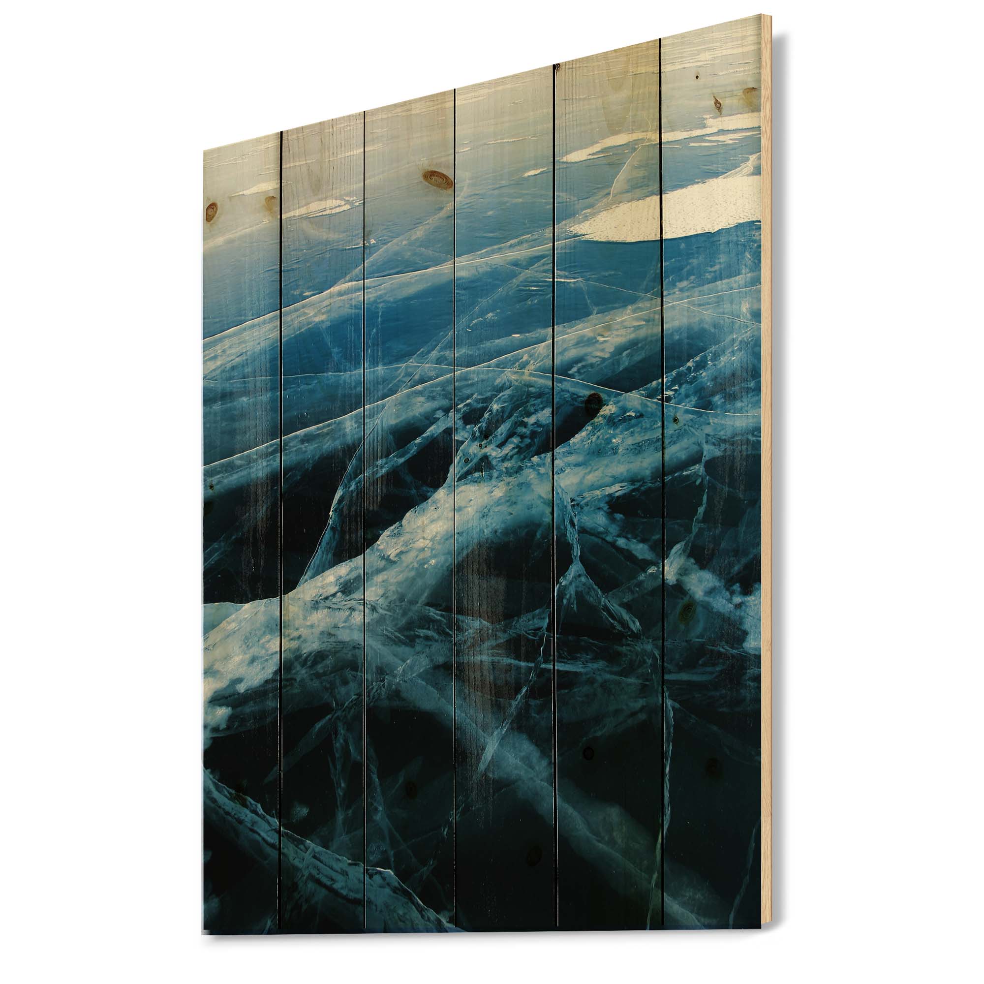 Designart 'White and Blue Ice Structure II' Modern Print on Natural Pine Wood