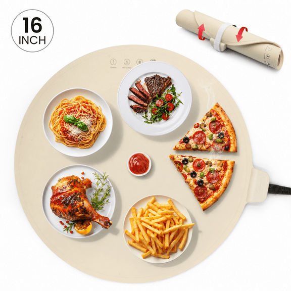 16 inch Pizza Warmer, Electric Food Warming Mat for Prepared Foods, Silicone Portable Food Warmer with 176±10°F Constant Warmth, Roll-Up Design, Beige