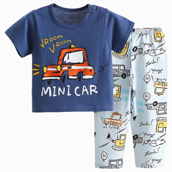 NOLDARES Newborn Baby Boy Outfits 2 Pieces Cotton Crewneck Short Sleeve Top Tee Print Casual Cargo Shorts Truck Clothes(Navy,5-6 Y)