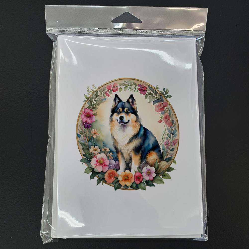Finnish Lapphund and Flowers Greeting Cards and Envelopes Pack of 8 7 in x 5 in