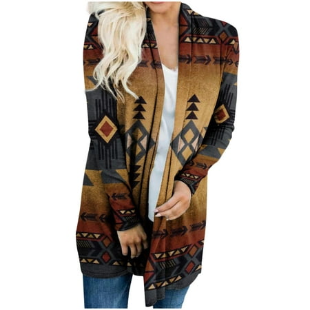 

Womens Fall Winter Coats Ethnic Retro Cute Print Loose Long sleeved Cardigan Vintage Geometric Cute Print Coat for Corset Tops Outdoor Lightweight Outerwear Raincoats Casual Water-Resistant Coats