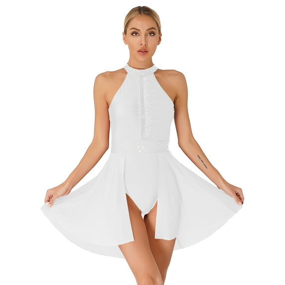 iiniim Women Sleeveless Glitter Rhinestone Gymnastics Ballet Leotards Halter Lyrical Dance Costume White XXL