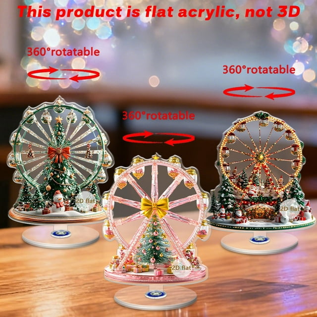 OEFNTAC Décoration de Table de Noël Grande Roue Maison de Neige Acrylique Plat 360° Rotation Cadeau Décoration Fête Famille Amis Durable Installation Facile Polyvalente Accent Tournant