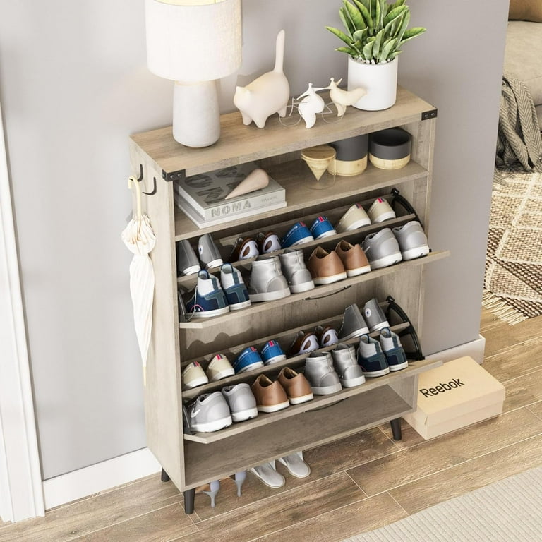 VEANERWOOD Elegant Modern Wooden Shoe Cabinet with 2 Flip Drawers Entryway Storage Organizer Grey Walmart