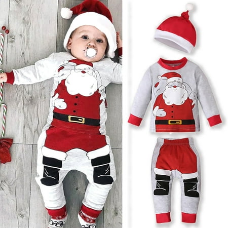 

Newborn Baby Boys Girls Santa Outfits Christmas Pullover Tops Pants Hat Clothes