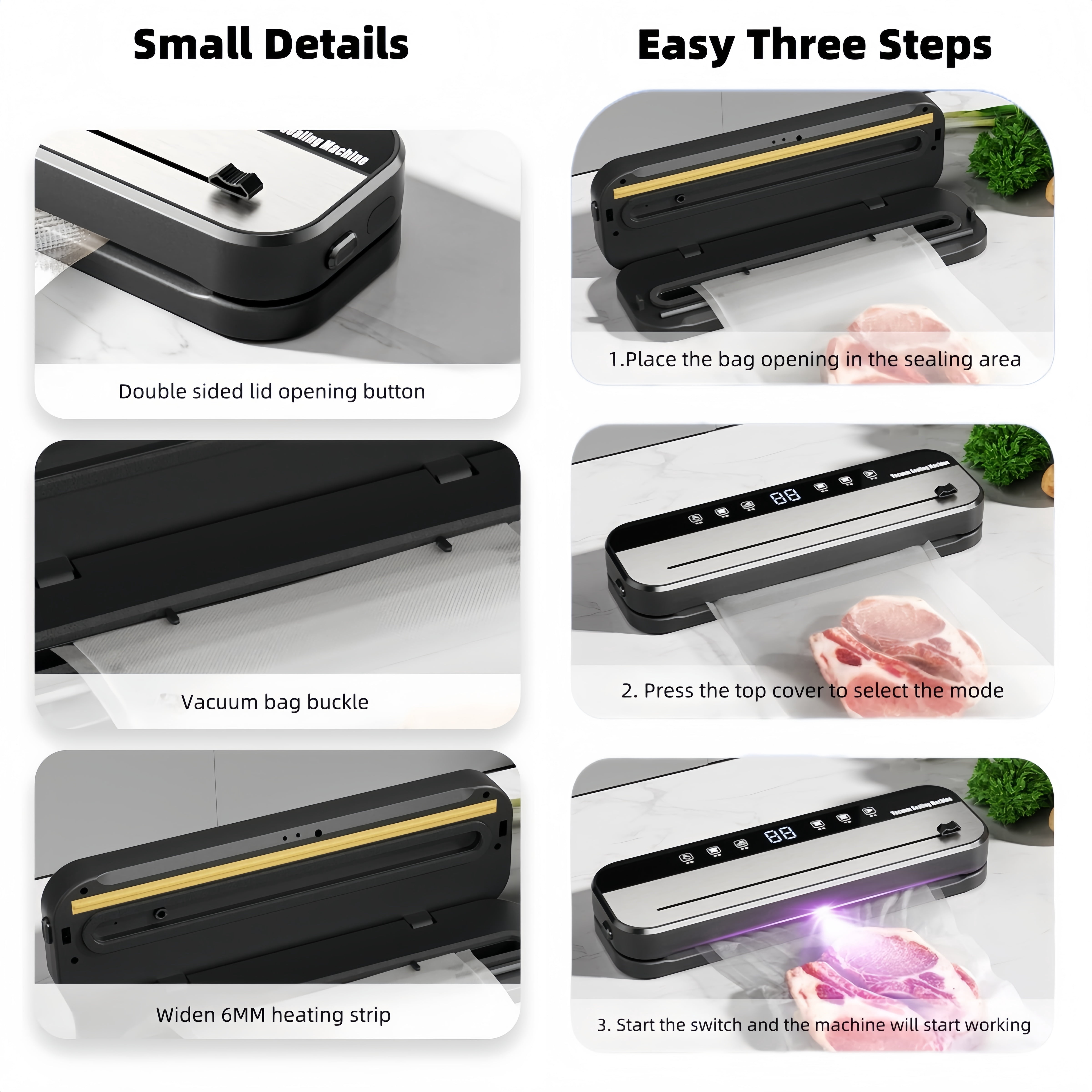 KYFIU Compact Vacuum Sealer for Food, Vacuum Sealer Machine with 50 Vacuum Bags, Featuring LED Pressure Display, Pro Food Sealer with Built-in Cutter, Black