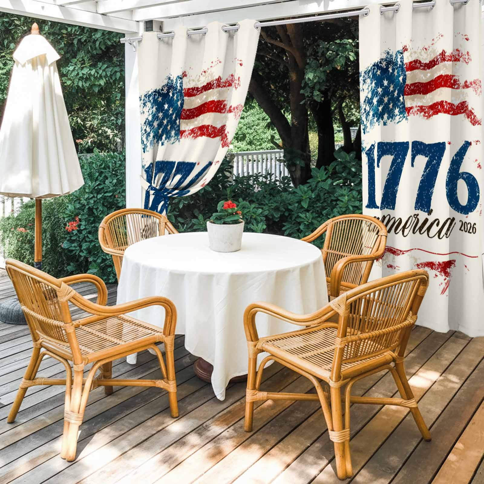 Independence Day Outdoor Curtains for Patio, Vintage American Flag 1766-2026 Beige Background Sunshade Privacy Drapes Grommet Waterproof Outside Curtains for Porch/Cabana/Balcony 54"x 108", 1 Panel