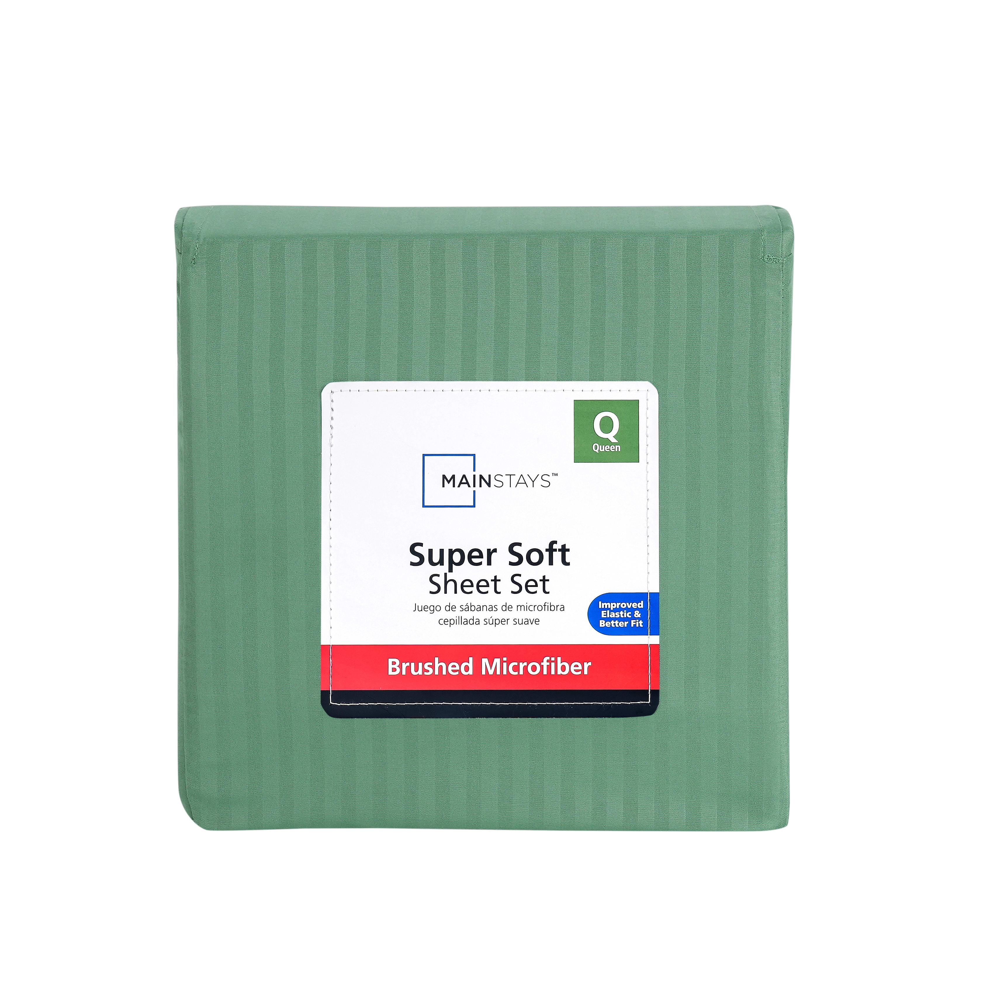 Mainstays Super Soft Brushed Microfiber Bed Sheet Set, Green Sage Embossed Stripe, Queen, 4 Piece