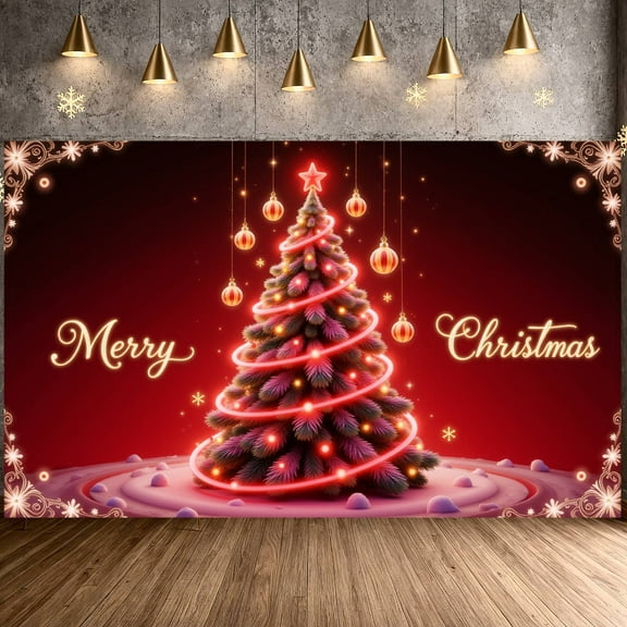 Red Background Christmas Banner Gold Ornaments Holiday Backdrop Snowflake Accents Illuminated Tree Xmas Display for Home Decoration Christmas Party Family Gathering