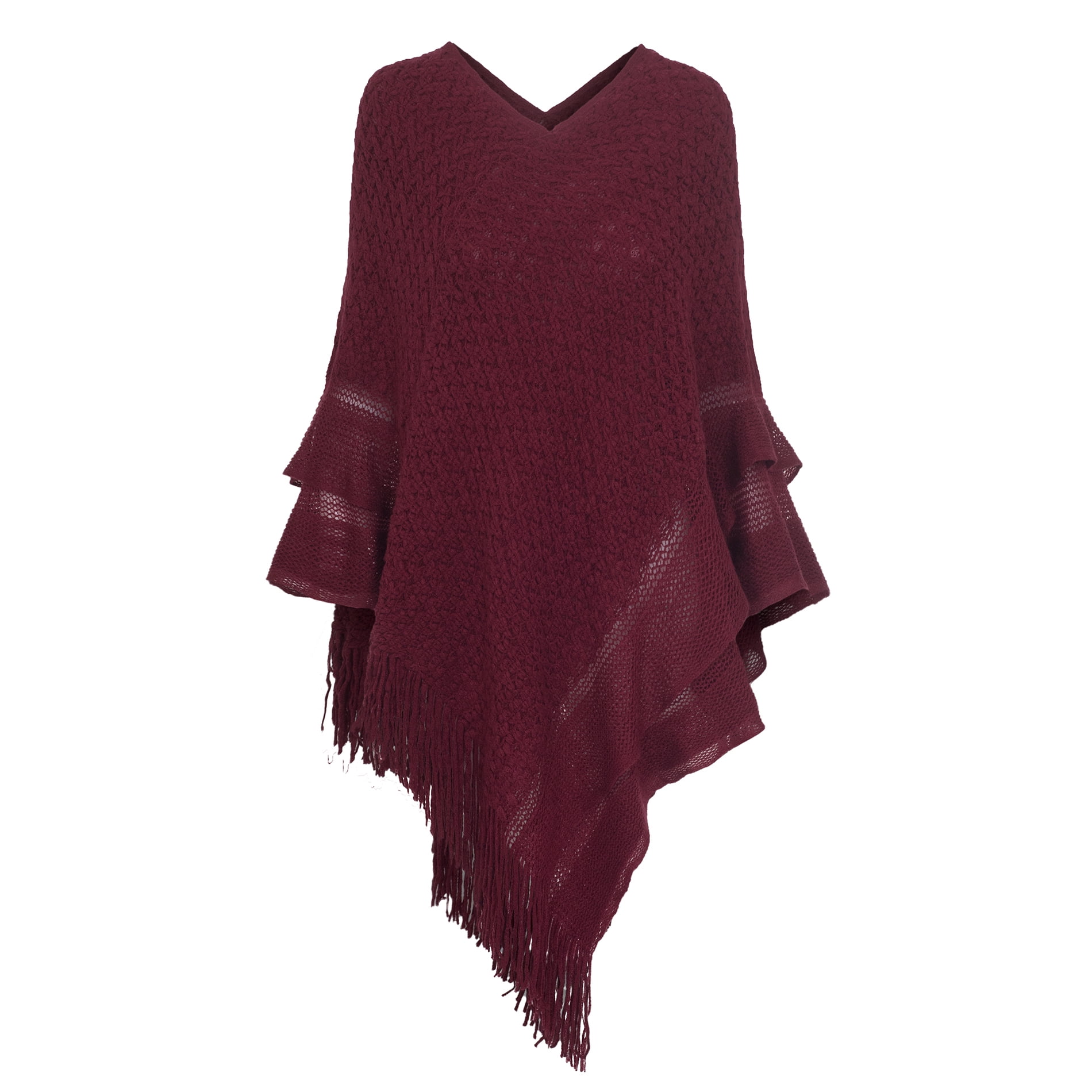 Women's Asymmetric Fringe Knitted Pullover Cape Poncho Sweater