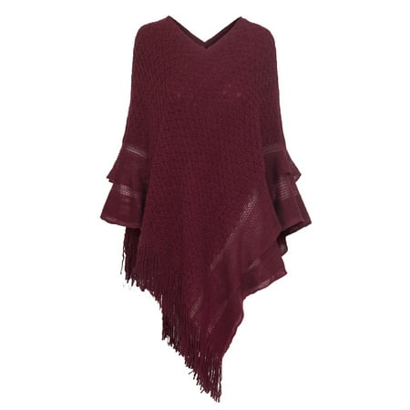 Hot From Hollywood - Women's Asymmetric Fringe Knitted Pullover Cape ...
