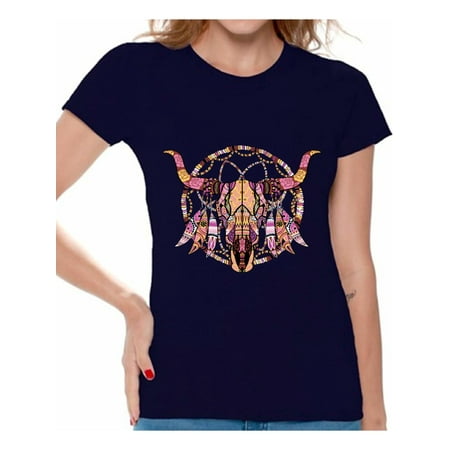 Awkward Styles Mosaic Cow Skull Tshirt for Women Cow Skull Shirt Sugar Skull T Shirt for Women Day of the Dead Gifts for Her Dia de los Muertos Outfit Women's Skull T-Shirt Dreamcatcher Skull Shirt