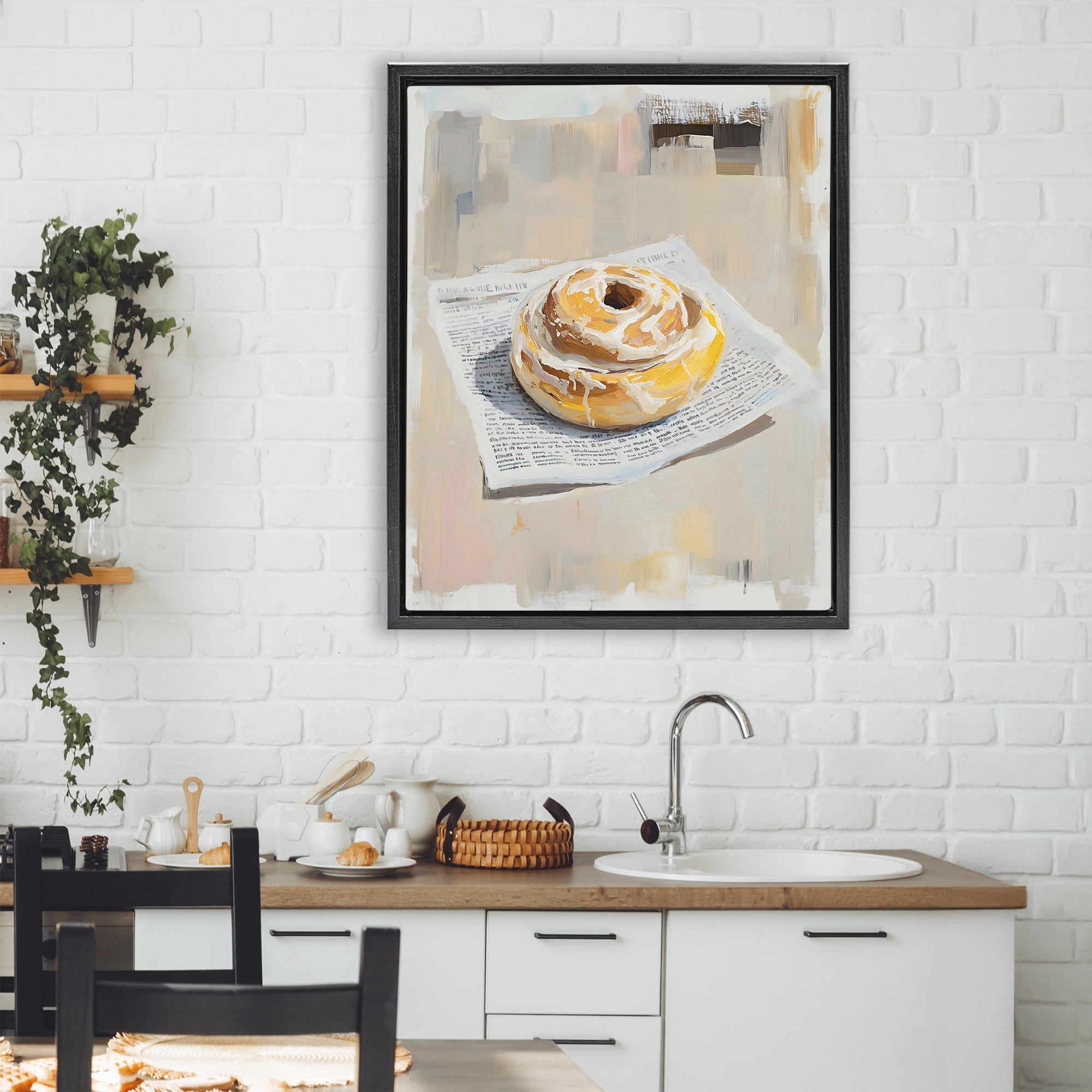 Stupell Industries Cinnamon Roll & Morning Paper Black Framed Floater Canvas Wall Art, design by The Prints Vibe