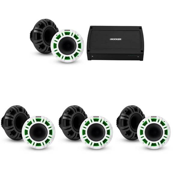 Kicker Marine 4 Ch Amp & ( 4 pair ) 6.5" LED KMXL Coaxial Speaker Audio Upgrade ( 48KXMA500.4, 48KMXL65)