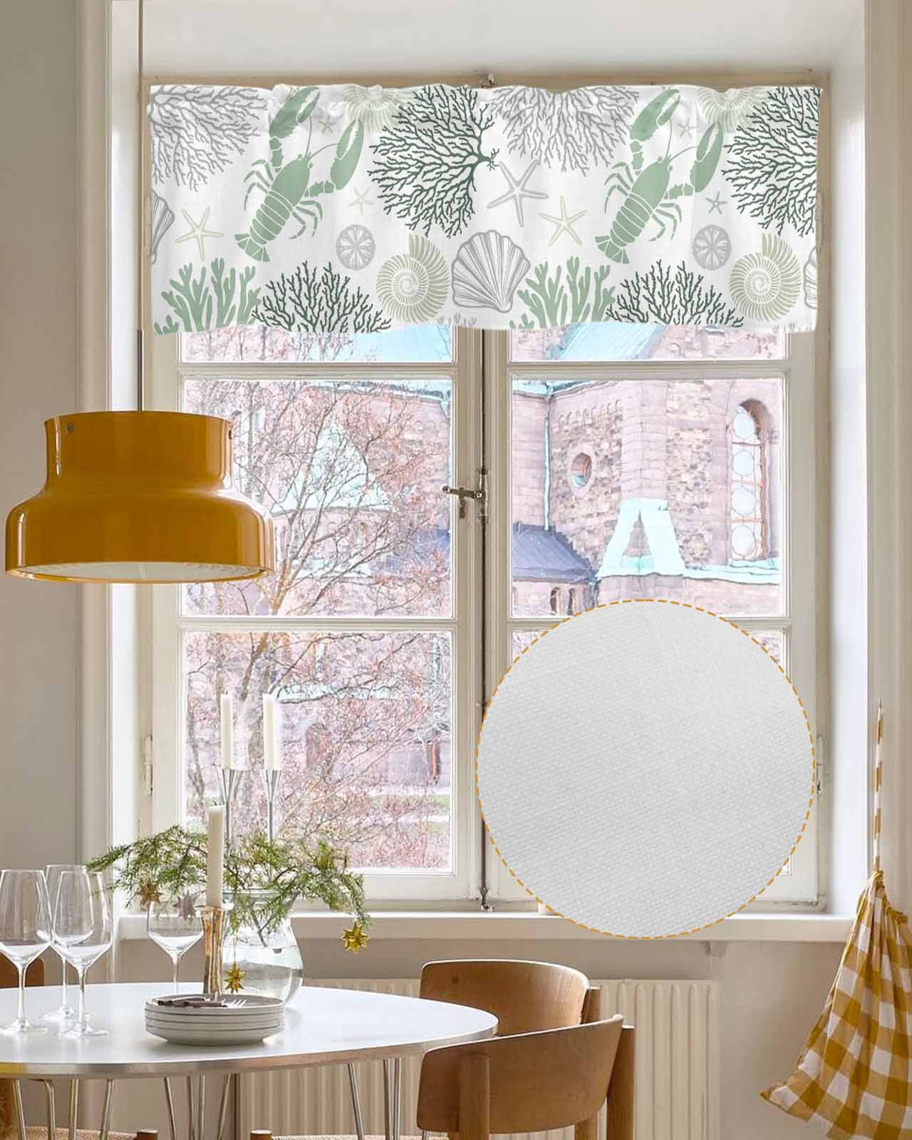 Sage Green Coastal Kitchen Valances for Windows Farmhouse Linen Window Valance Curtain for Living Room Window Treatment Summer Lobster Coral Nautical Valance Rod Pocket Topper Drape, 42 x 18 Inch
